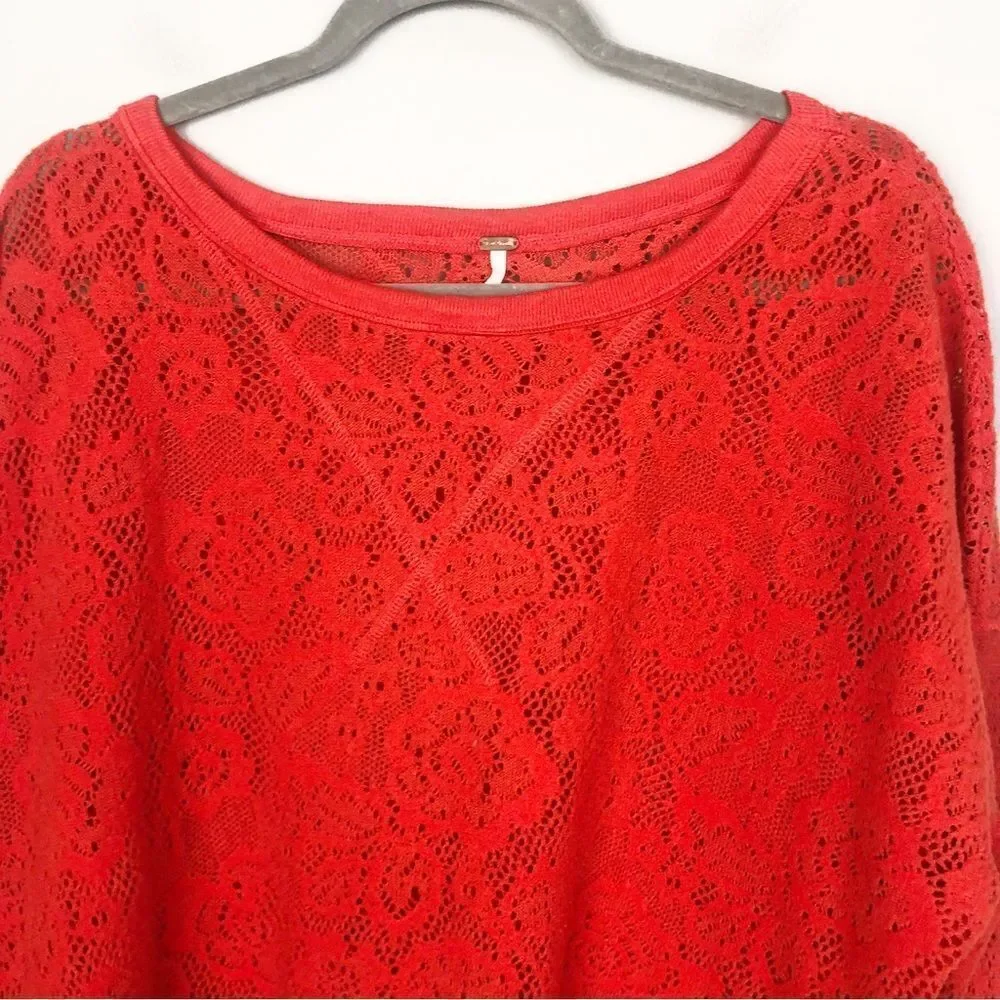 FREE PEOPLE | Not Cold Eyelet Oversized Orange Red Sweater Women’s Size Small